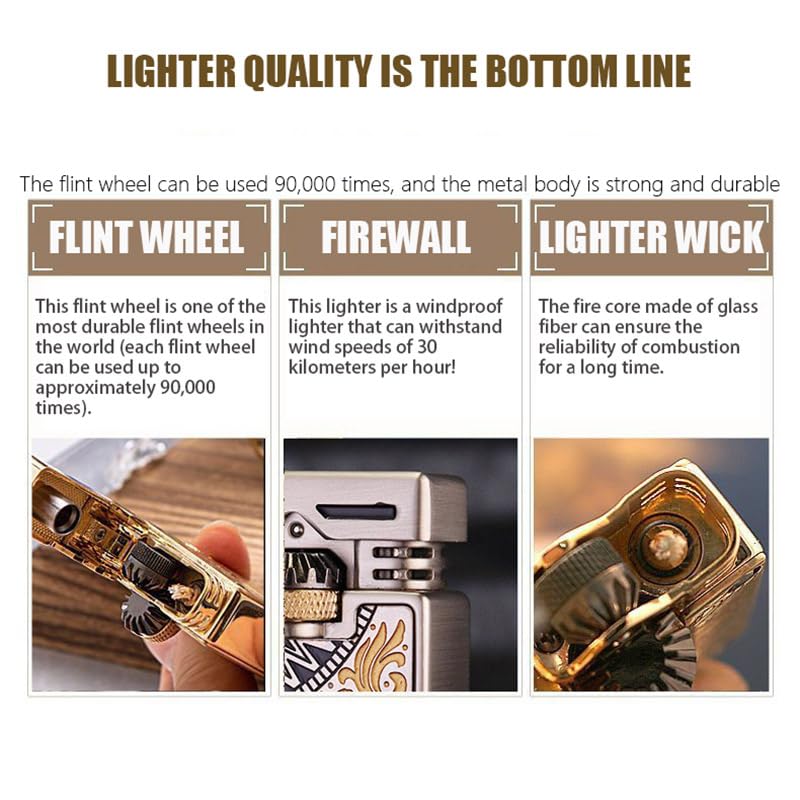 Vintage Metal Lighter, Hand Engraved Sliding Gear Lgnition Soft Flame Lighter for Men Dad Husband Collect (Fuel Not Included) (Silver)