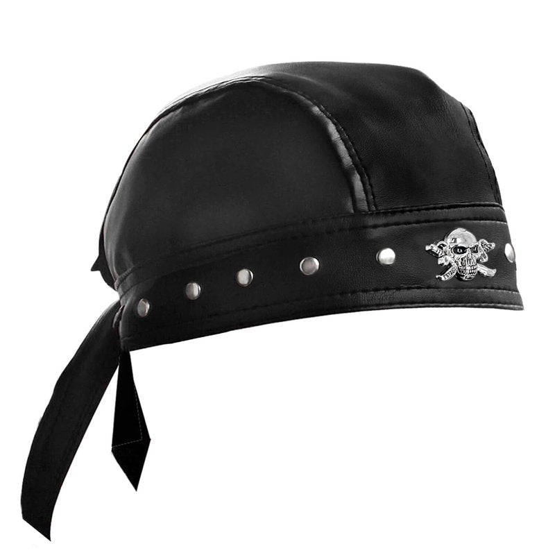 XIXTUT Leather Skull Cap Bandana Doo Do Rag for Women/Girl Biker Party Leather Studs Headwrap for Motorcycling Men Black