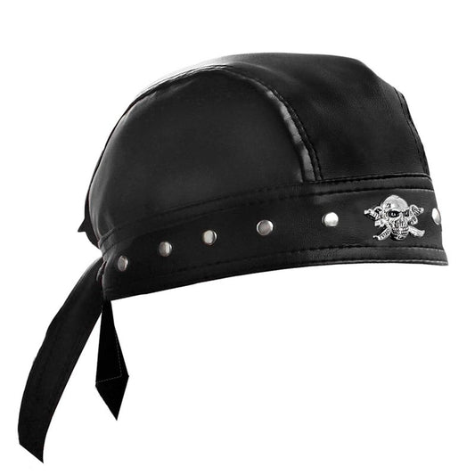 XIXTUT Leather Skull Cap Bandana Doo Do Rag for Women/Girl Biker Party Leather Studs Headwrap for Motorcycling Men Black