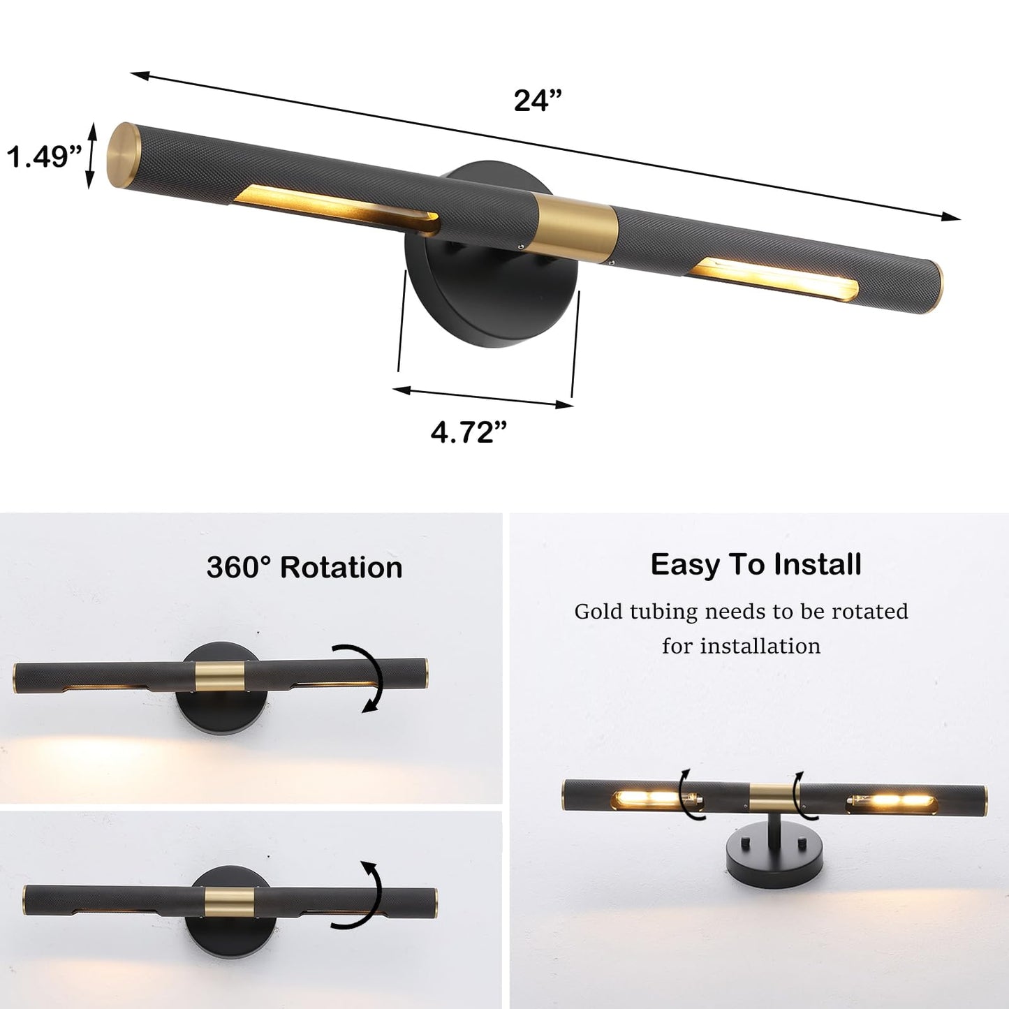 BAODEN Modern Picture Light 24 inches Brushed Brass Gold Black Wall Sconce with Knurled Texture Cylinder Metal Shades Rotatable 360°Indoor Wall Lighting Fixture for Bathroom Vanity Lights Bedroom