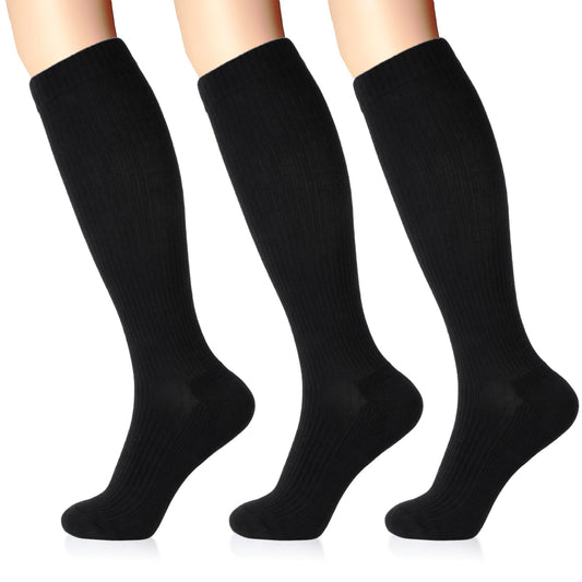 LIN PERFORMANCE Compression Socks for Women and Men 3 Pairs 15-20 mmHg Cotton Knee High Support Socks for Travel Nurses Running Pregnant (Black,9-11)