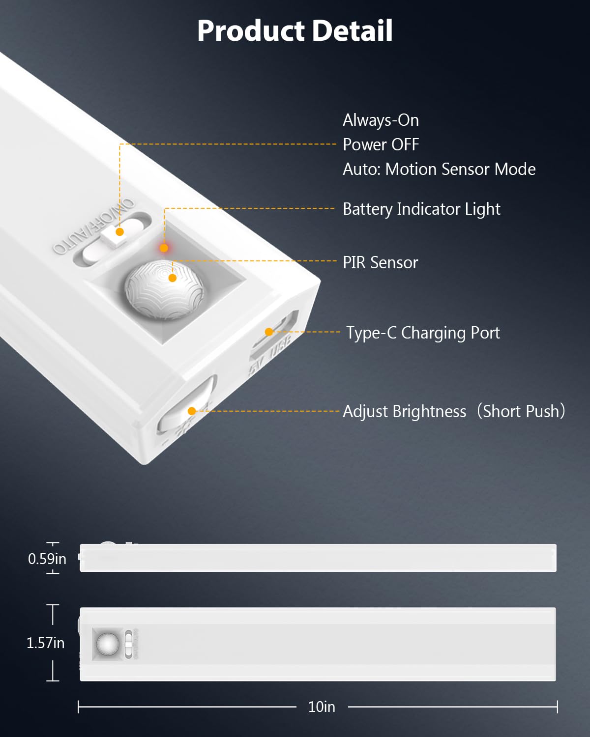 10” Under Cabinet Lighting, 68LEDS Motion Sensor Light Indoor, Rechargeable Battery Magnetic Closet Light, Wireless Under Counter Lights for Kitchen, Stairs, 2-Pack Daylight