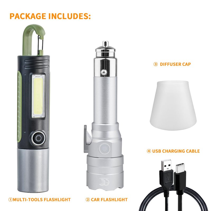 MCCC Small Flashlight Rechargeable with Diffuser 12 Volt Car Cigarette Lighter & USB C Charge for Auto Vehicles Emergency, Car Escape, Outdoors, Daily Use