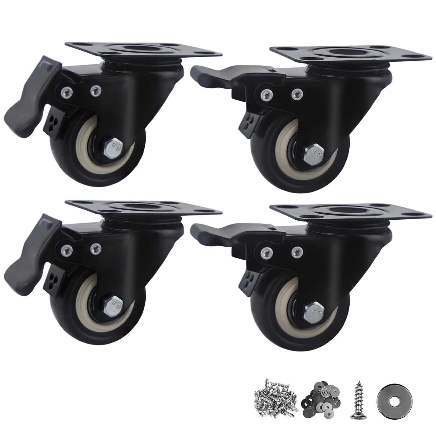 Htudcoue 2 Inch Wheel Casters,Set of 4 Heavy Duty Casters,with Brake,No Noise Locking Polyurethane (PU) Wheels, for Furniture and Workbench Load 800lbs