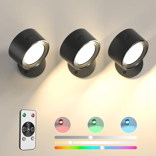 Rechargeable LED Wall Mounted Lights - 3 Pack with Remote, Dimmable & 360° Rotation for Bedroom
