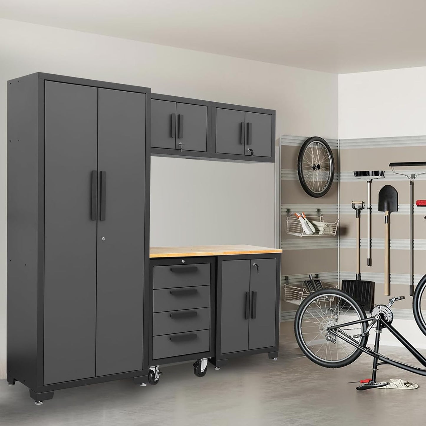 Torin Garage Storage Cabinet Set - 6-Piece Tool Organizer with Lockers & Shelves - 76.8" L x 18.5" W x 75.79" H - Black/Grey