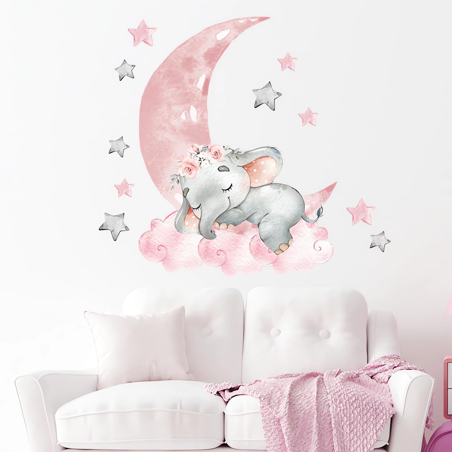 Cute Pink Sleeping Baby Elephant Wall Stickers, sacinora Moon and Stars DIY Art Wall Decals Removable Vinyl Peel and Stick for Kids Baby Girls Nursery Bedroom Toddler Room Decorations