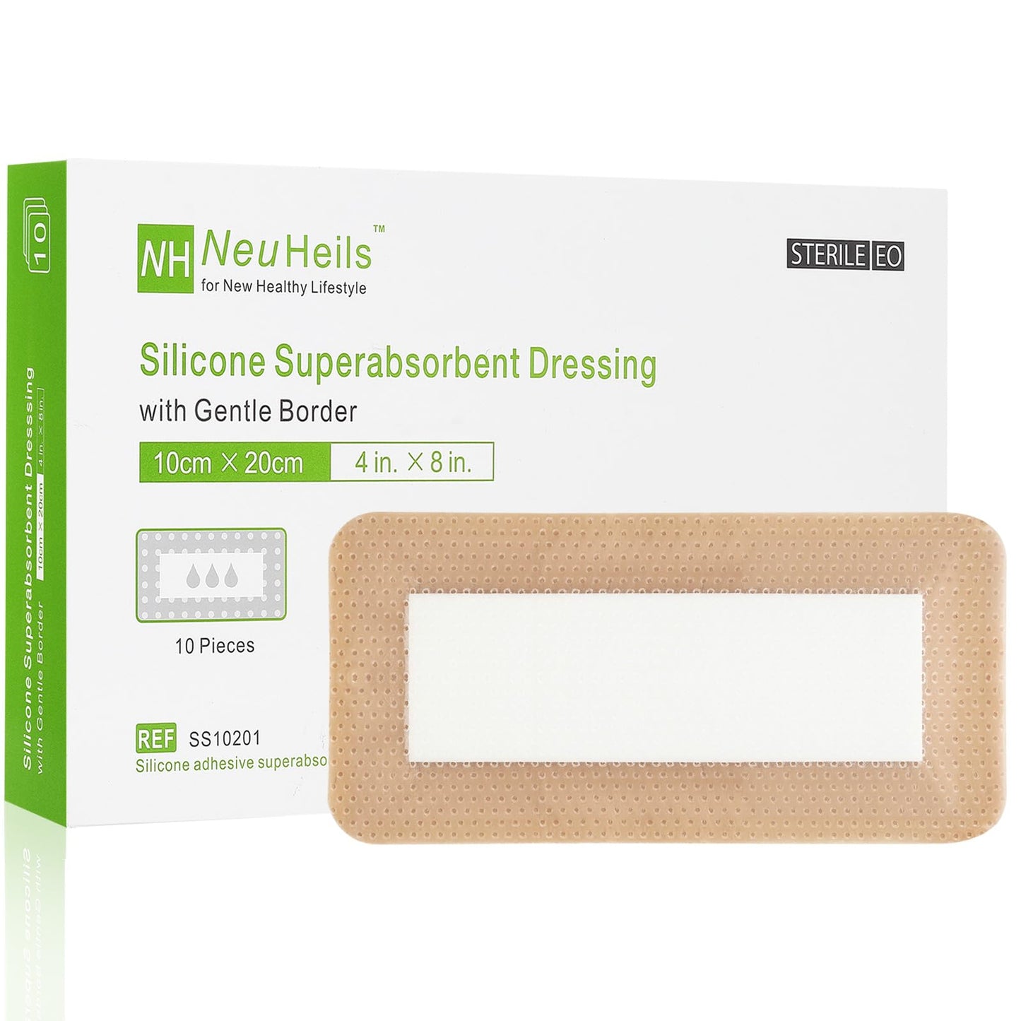 NeuHeils Silicone Super Absorbent Wound Dressing, 4x8 Inch (10 Pack), 2x6 Inch Absorbent Pads | Post-Surgery, Bed Sores, Pressure Ulcers | Self-Adhesive Bandage for Surgical Wounds & Cuts