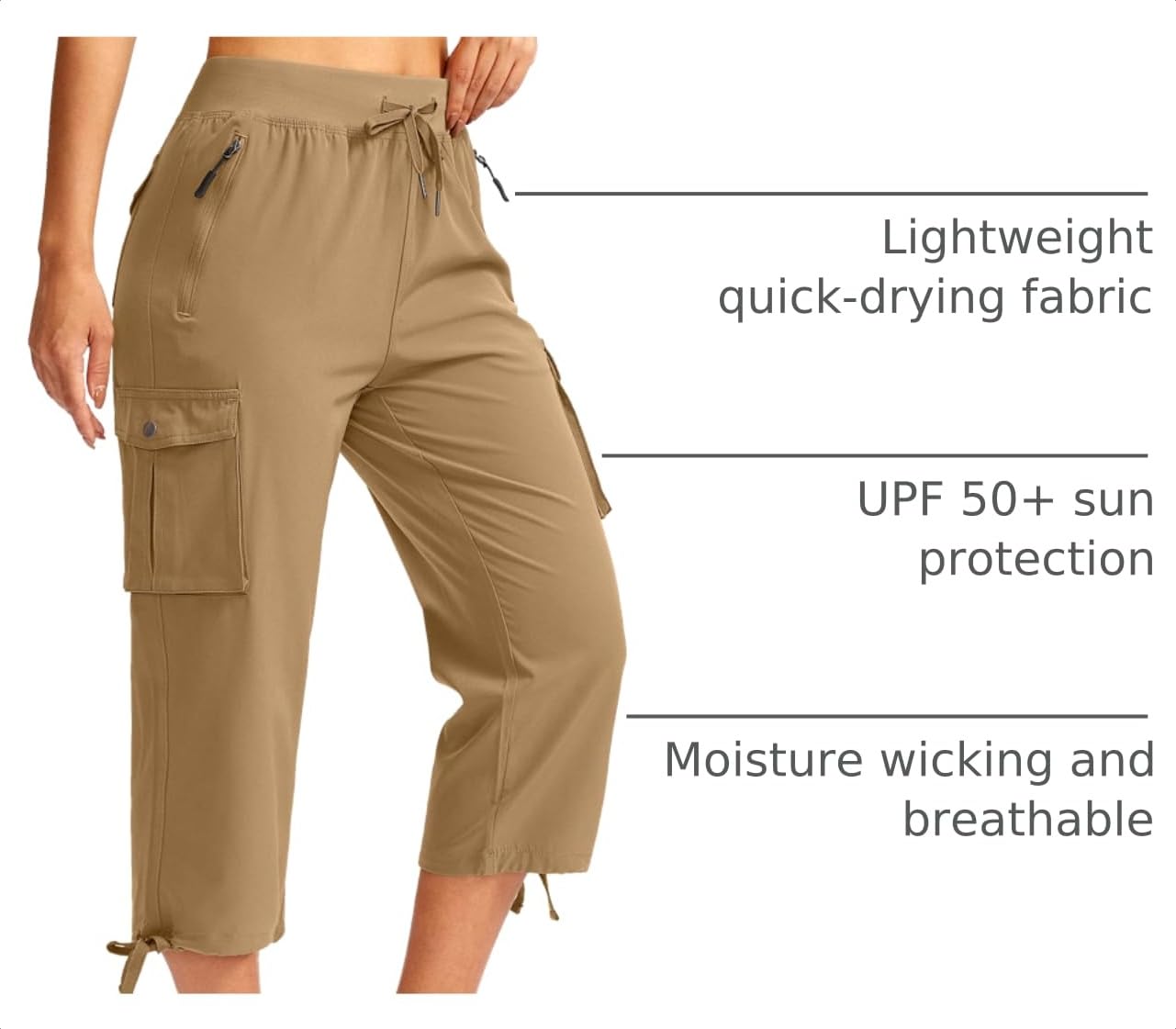 Soothfeel Women's Cargo Capris Pants with 6 Pockets Lightweight Quick Dry Travel Hiking Summer Pants for Women Casual (Dark Khaki, S)