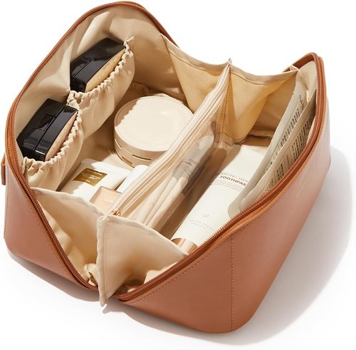 EACHY Travel Makeup Bag - Large Capacity Waterproof PU Leather Cosmetic Organizer | Portable Toiletry Bag for Skincare & Brushes