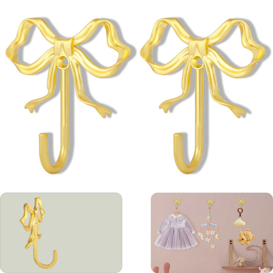 XHIPY 2Pcs Large Size Gold Bow Wall Hook, Gold Coat Hook, Metal Hook, Bow Room Decor Hooks for Coats, Coffee Mugs, Hats, Bags, Bath Towels and Room Decorations