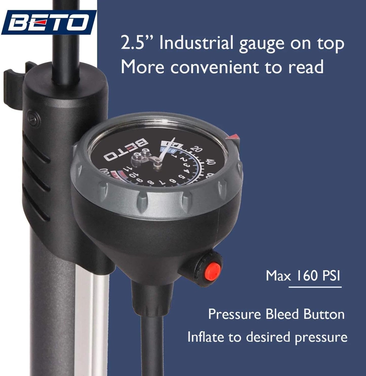 Beto Bike Pump Portable - High-Pressure Bicycle Floor Pump with Gauge & Air Bleed Button | 160 PSI Max
