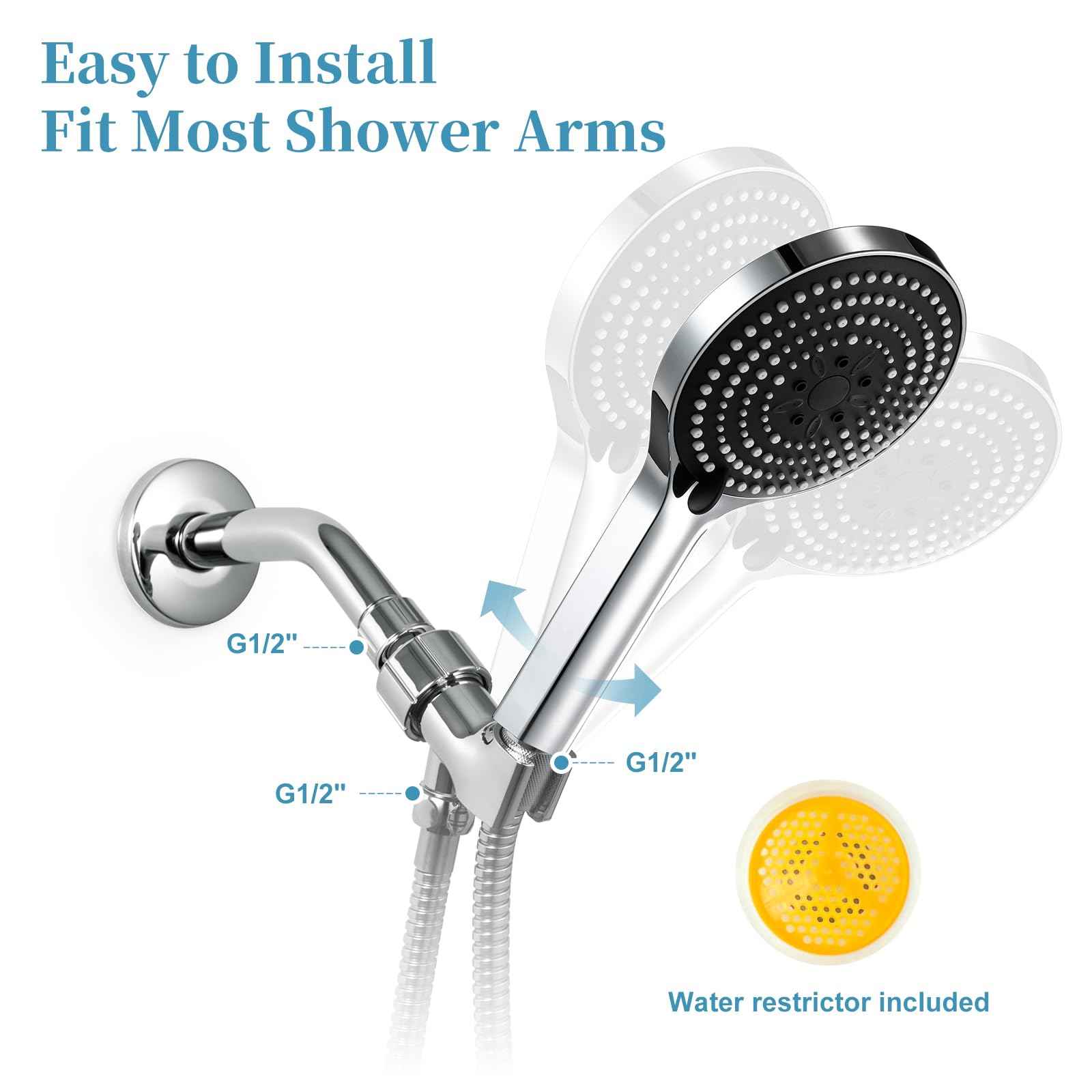 OFFO Handheld Shower Head Set, 6-Mode High Pressure Handheld Sprayer with 60 in Stainless Steel Hose & Holder, High Flow Large Powerful Boosting Handheld Showerhead for Low Water Pressure, Chrome