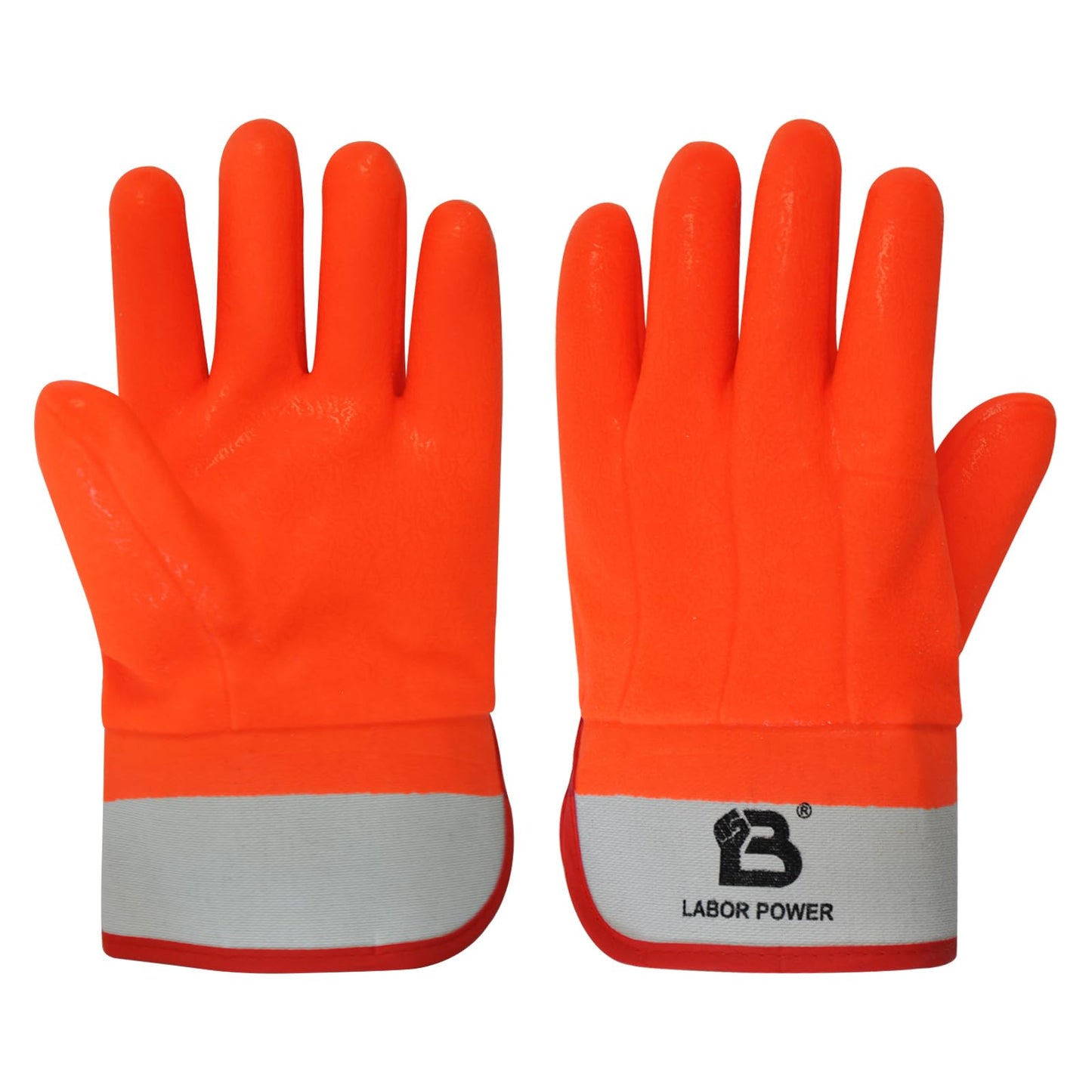 LABOR POWER PVC Foam Lined Gloves for Men Waterproof Work Gloves with Rubberized Safety Cuff, Sandy Finish (Orange 1 Pairs)