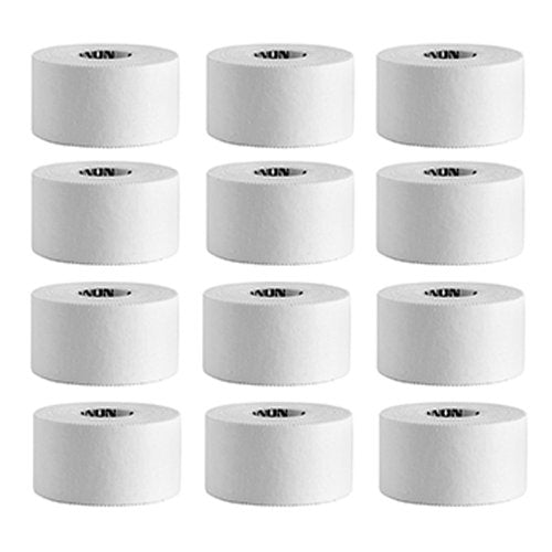 Cannon Sports Premium Athletic Tape - 1.5” x 45 Feet Per Roll - Easy Tear, No Sticky Residue, Very Strong, Hypoallergenic and Latex Free Sports Tape for Athletes and Trainers – Bulk 12 Pack (White)