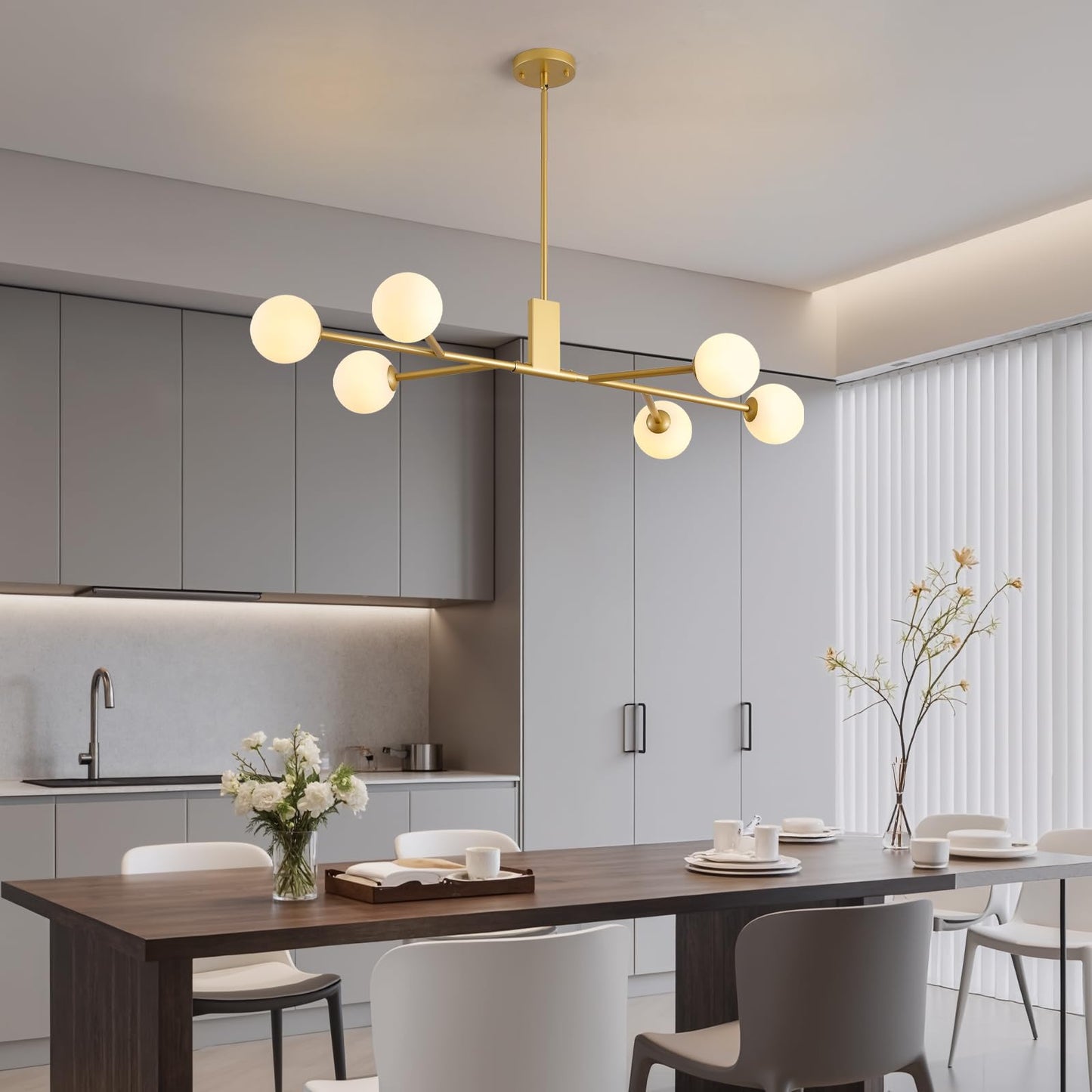 3WWWUEE Modern Gold Sputnik Island Light, 6-Light Glass Linear Chandelier for Dining Room, 46'' Ceiling Pendant Light Fixture with Globe Lampshade, Large Hanging Lamp Over Table, Bar, G9 Base
