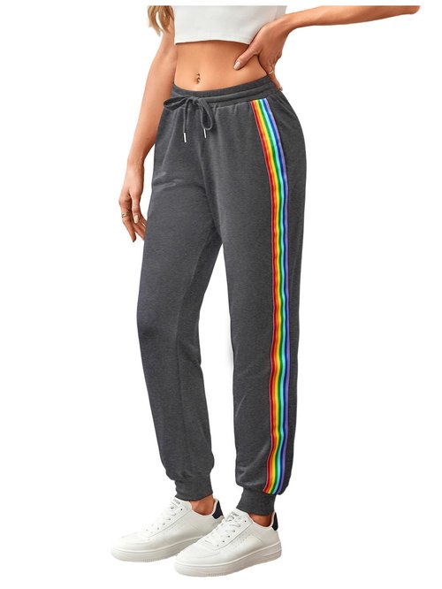 SweatyRocks Women's Drawstring Waist Striped Side Jogger Sweatpants with Pocket Dark Grey Small