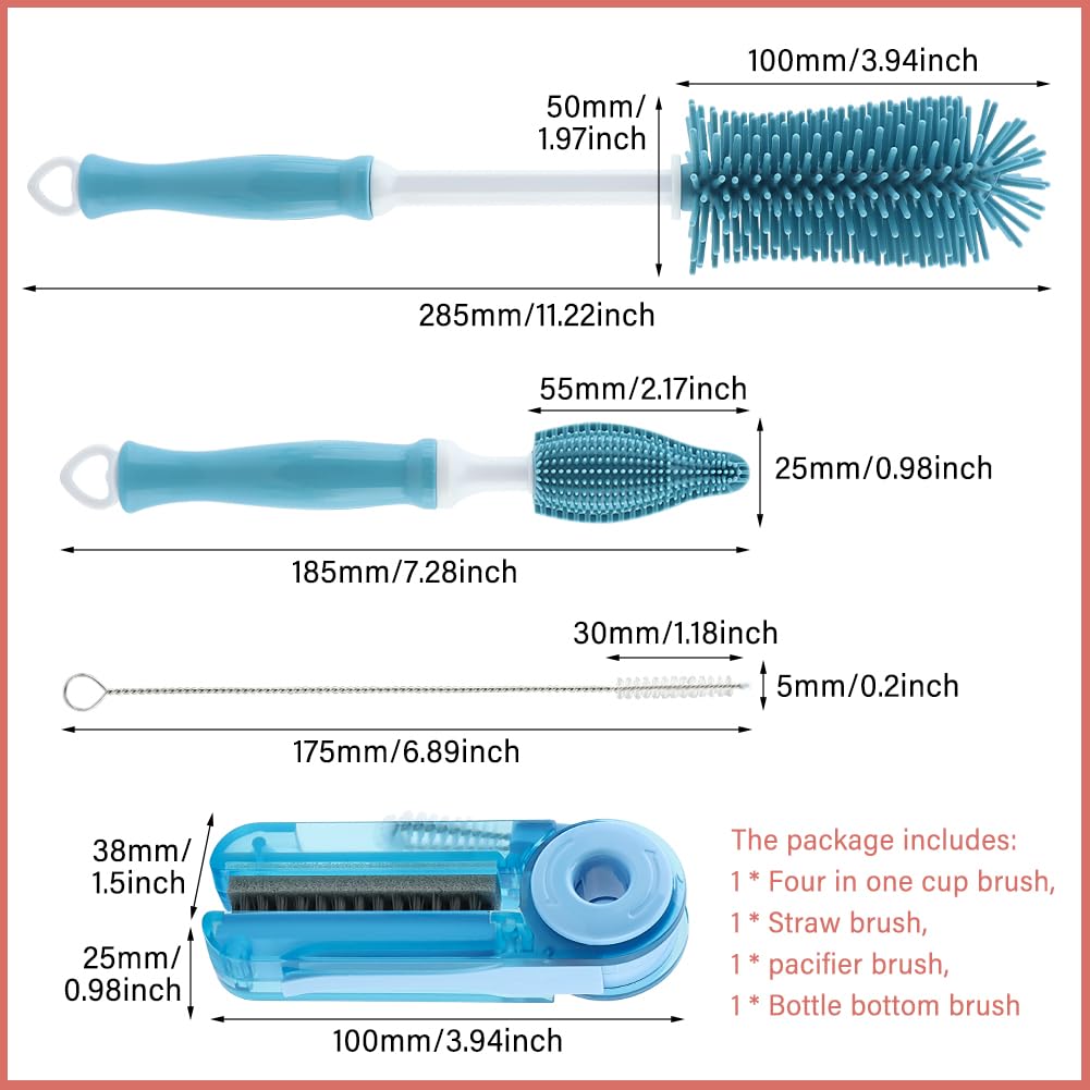 4Pcs Cup Cleaning Kit with Extra Long Straw Cleaner Brush,4 in 1 Bottle Gap Cleaner, Long Handle Silicone Brush, Multipurpose Brush Cleaner Kit