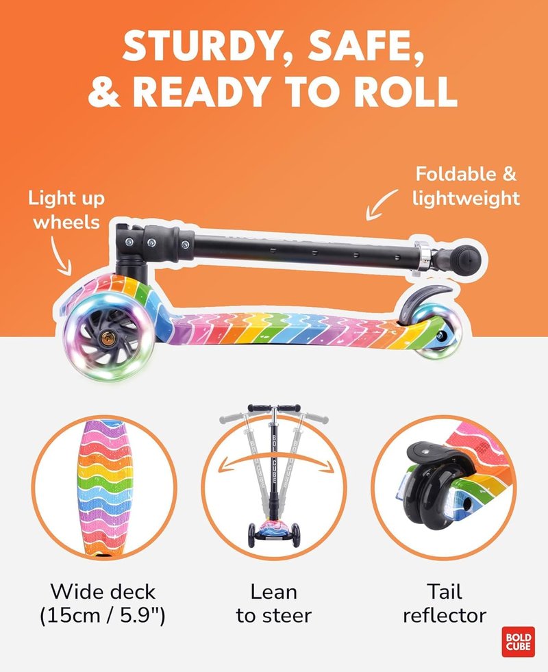 BOLDCUBE Big Fold | Three Wheel Scooter for Children Ages 5-10 Years | LED Wheels with Flashing Lights | Height Adjustable 65 to 89 cm | Rear Reflectors