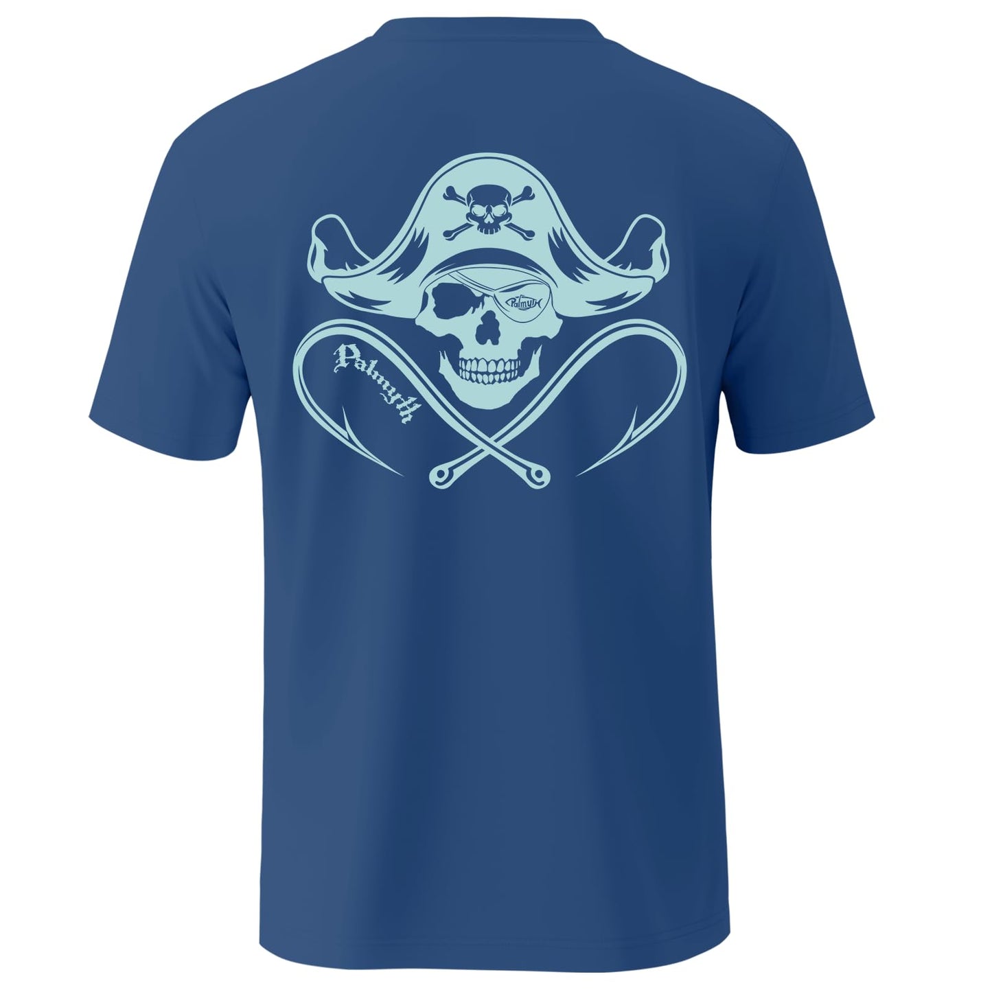 Palmyth Men's Fishing Shirt Short Sleeve T-Shirt Sun Protection UV UPF 50+ Tee Navy Skull Pirate Large