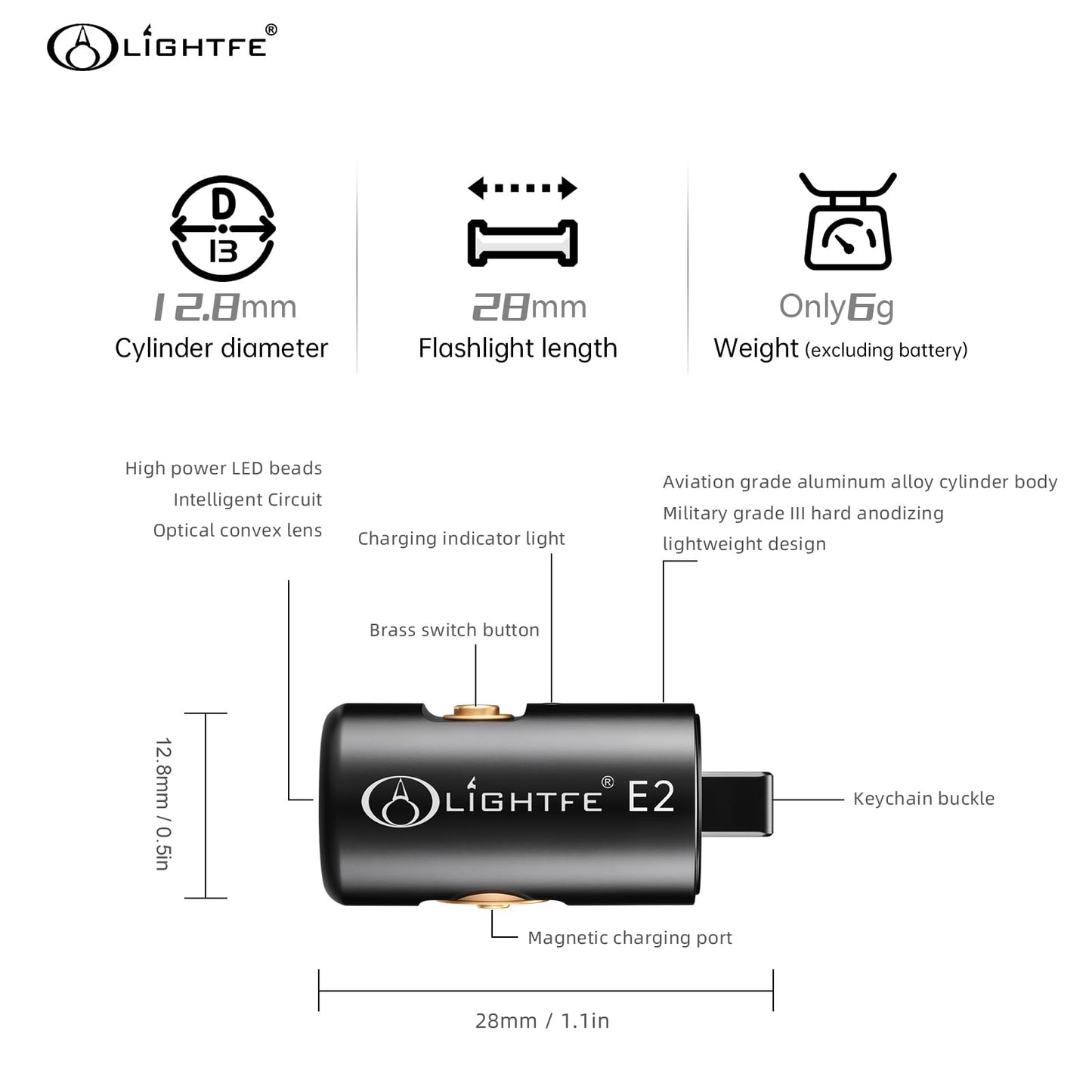 LIGHTFE E2 Mini Keychain Flashlight - Rechargeable USB Magnetic Charging, Compact & Bright LED Pocket Light for Emergencies, Camping, EDC, Everyday Carry