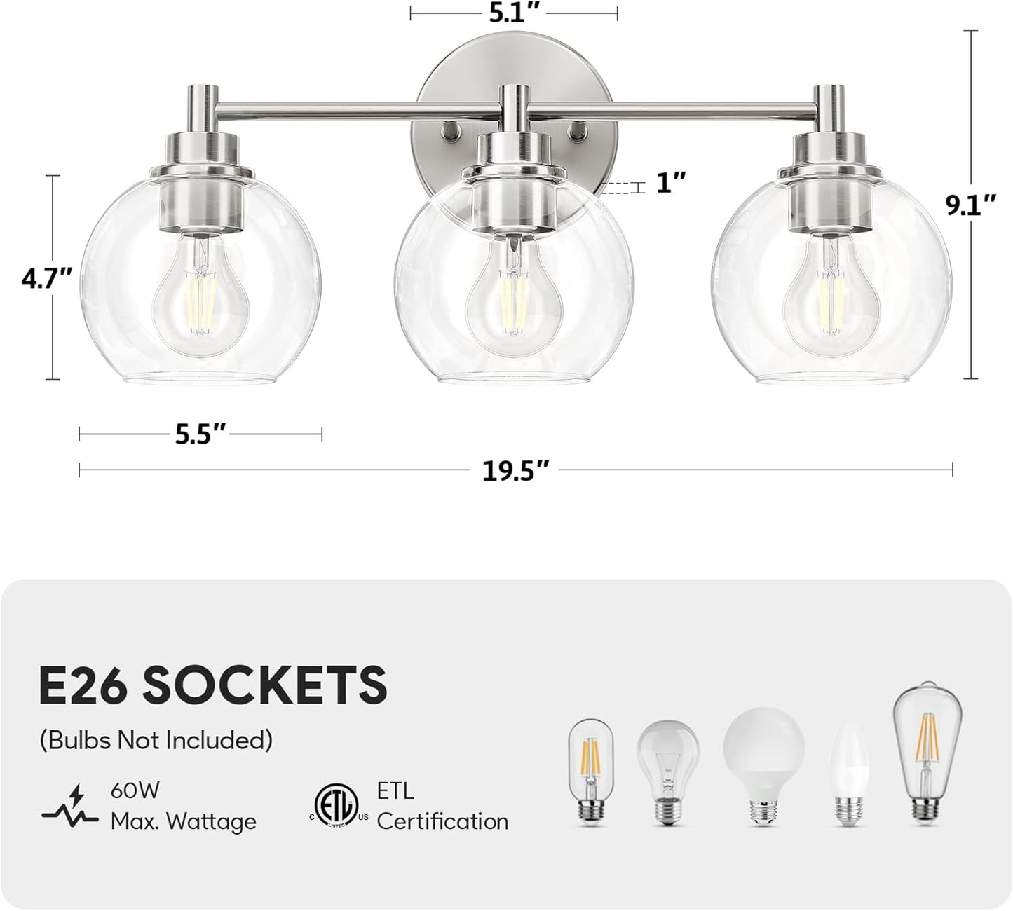 3-Light Vanity Bathroom Light Fixture with Globe Glass Shades - Brushed Nickel, ETL Certified