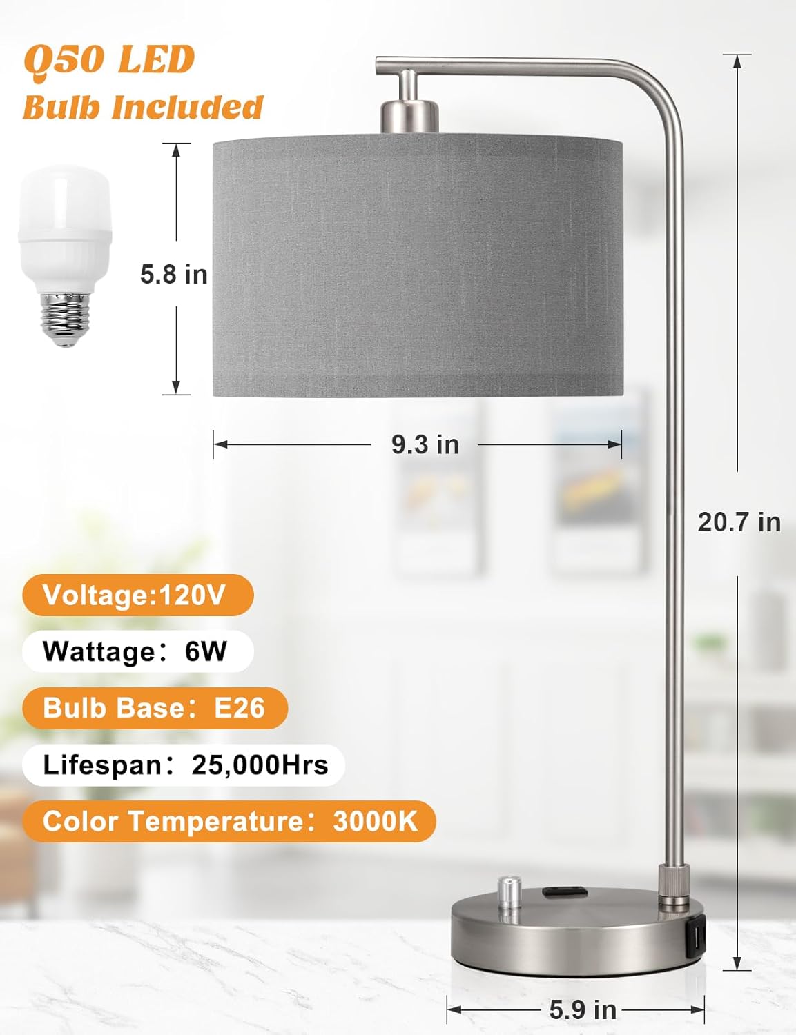 Dimmable Tall Table Lamp with USB Port & Outlet - Linen Shade Bedside Desk Lamp for Bedroom, Living Room, Home Office