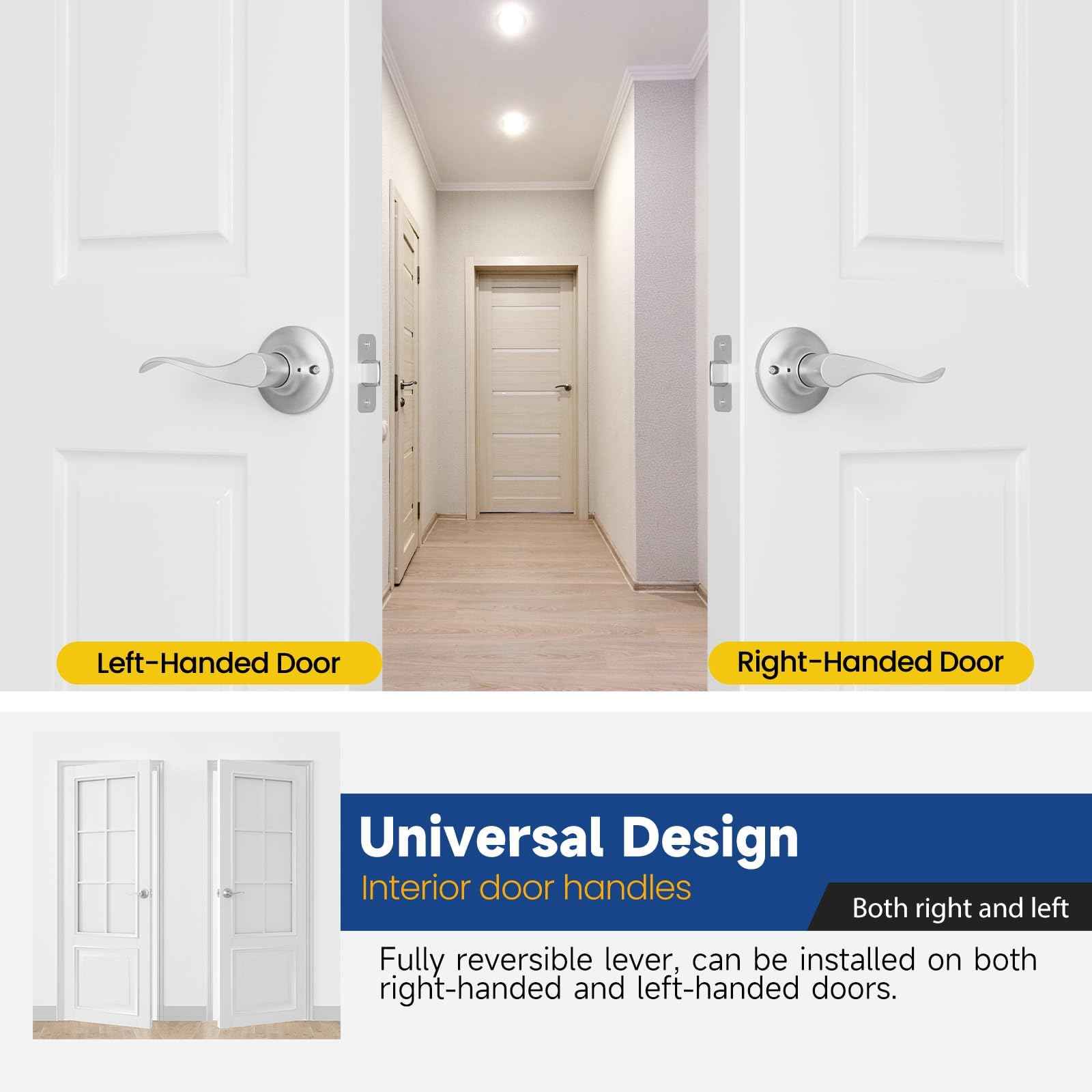RAFECIEE Passage Door Handle Keyless Closet Door Handles Interior Wave Lever Door Handle for Hallway, Reversible for Right & Left, Satin Nickel