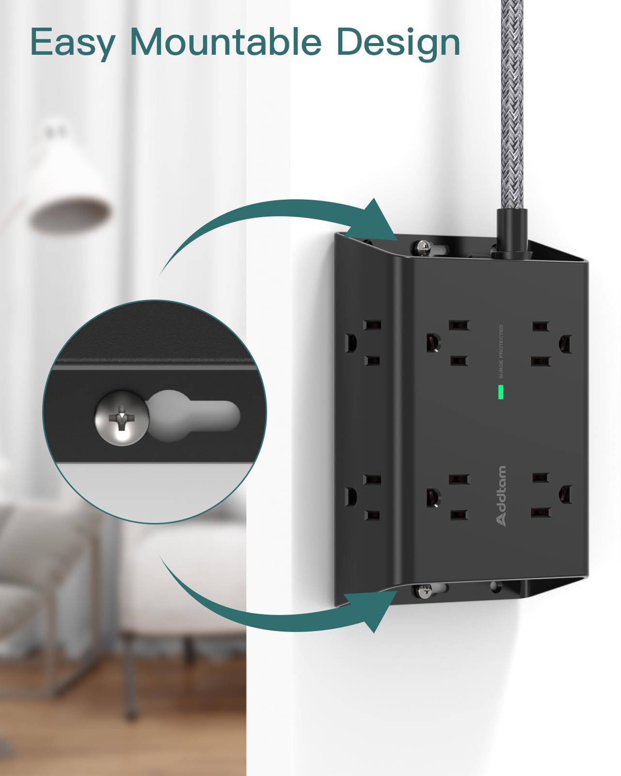 Surge Protector Power Strip, 8 Widely Outlets with 4 USB Ports(1 USB C Outlet), Addtam 3-Side Outlet Extender Strip with 5Ft Extension Cord, Flat Plug, Wall Mount for Dorm Home Office, Black