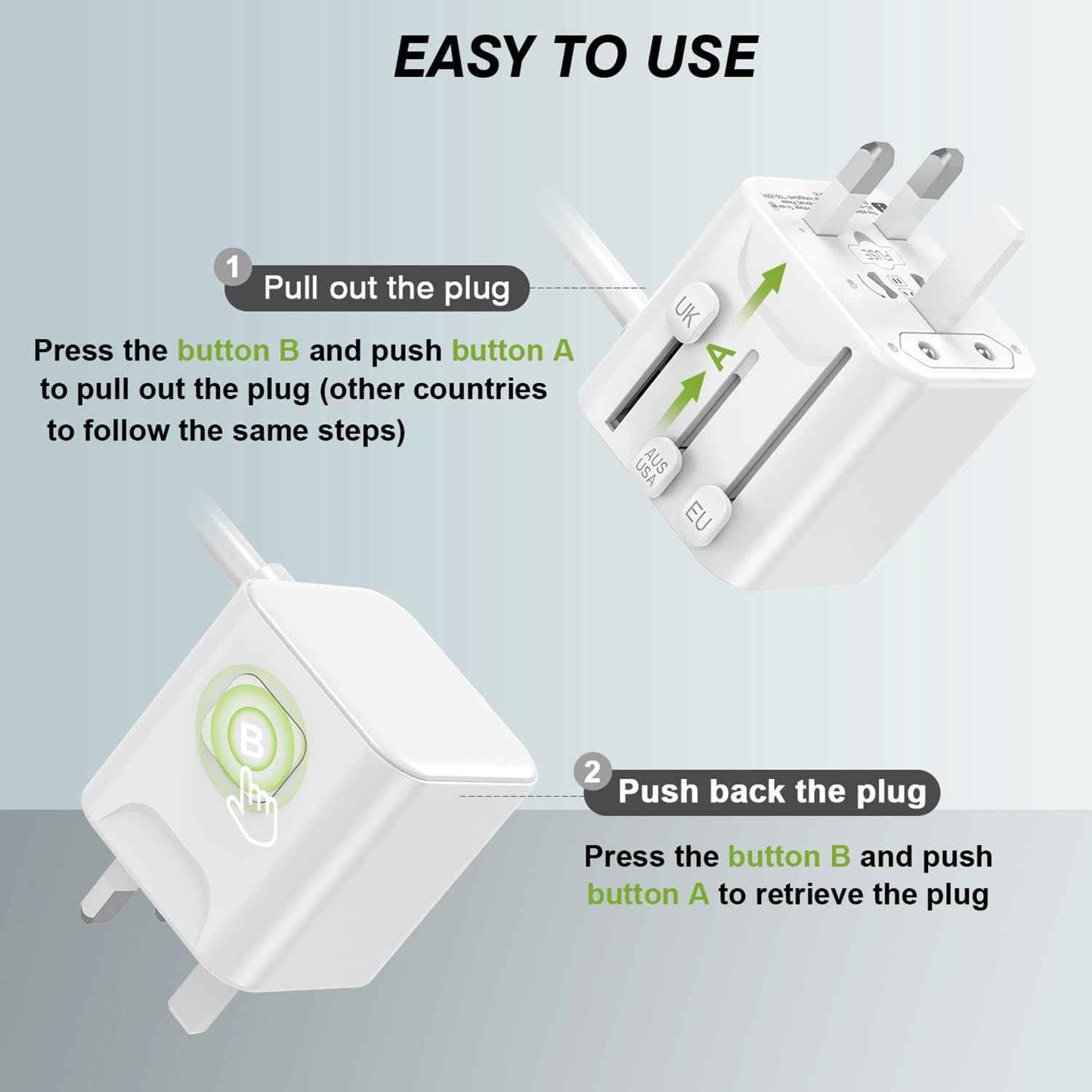 SAUNORCH Universal Travel Adapter Power Strip: 2 AC Outlets, 3 USB Ports, 6ft Cord - US to EU/UK/AU/China Worldwide Converter