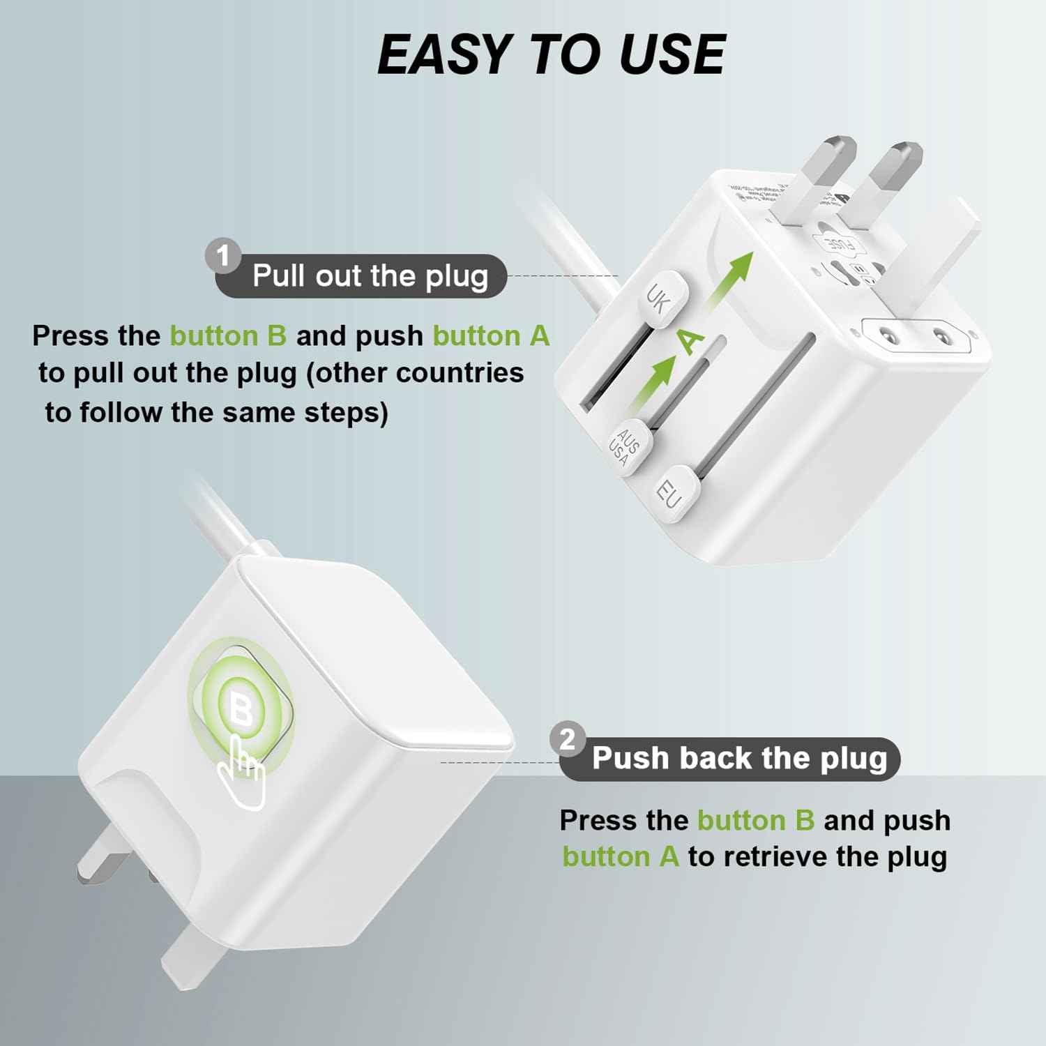 SAUNORCH Universal Travel Adapter Power Strip: 2 AC Outlets, 3 USB Ports, 6ft Cord - US to EU/UK/AU/China Worldwide Converter