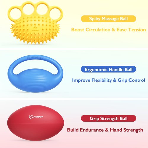 FitBeast Hand Exercise Ball Set–Stress Balls for Adults, Grip Strength Trainer Set for Rehab, Stress Relief, Arthritis, Carpal Tunnel, Hand Strength & Flexibility (3 Piece Set - Yellow Blue Red)