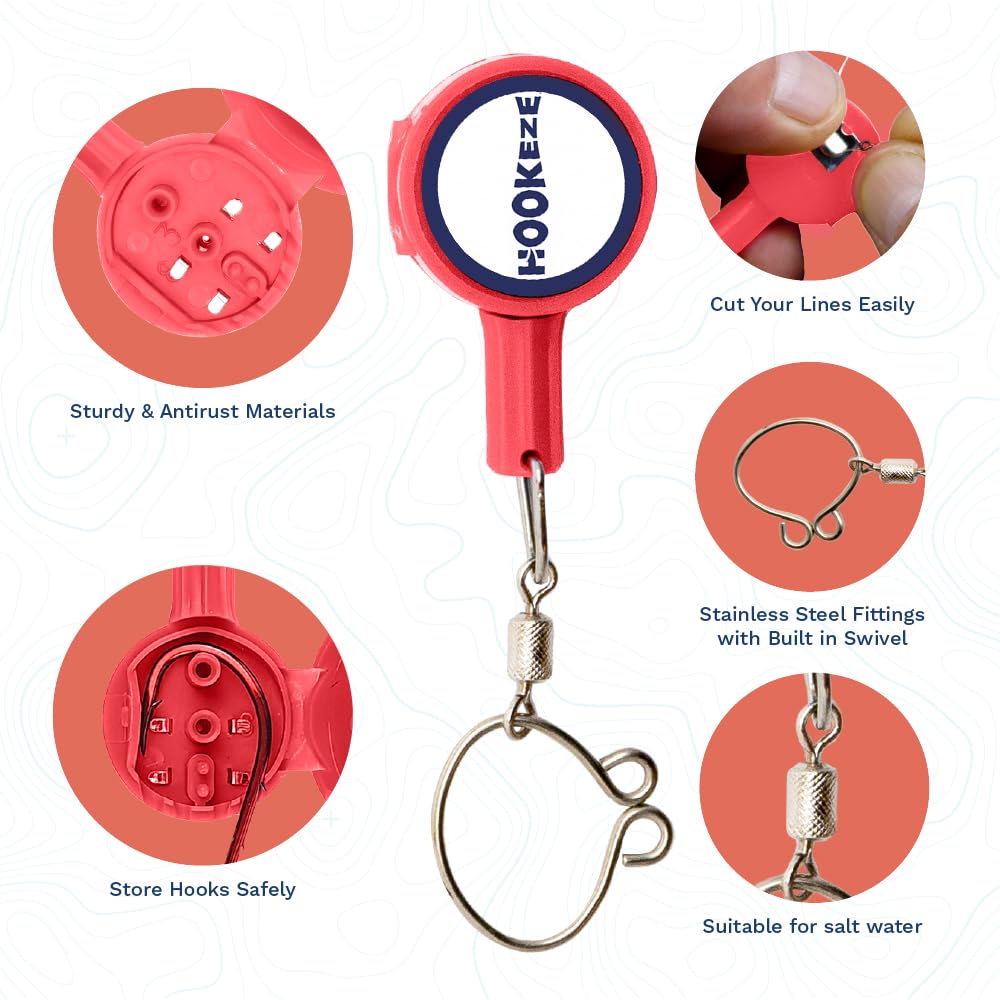 HOOK-EZE Fishing Knot Tying Tool, Ties Line to Hooks, Bass & Fly Fishing, Covers Hook on Fishing Rod, Red