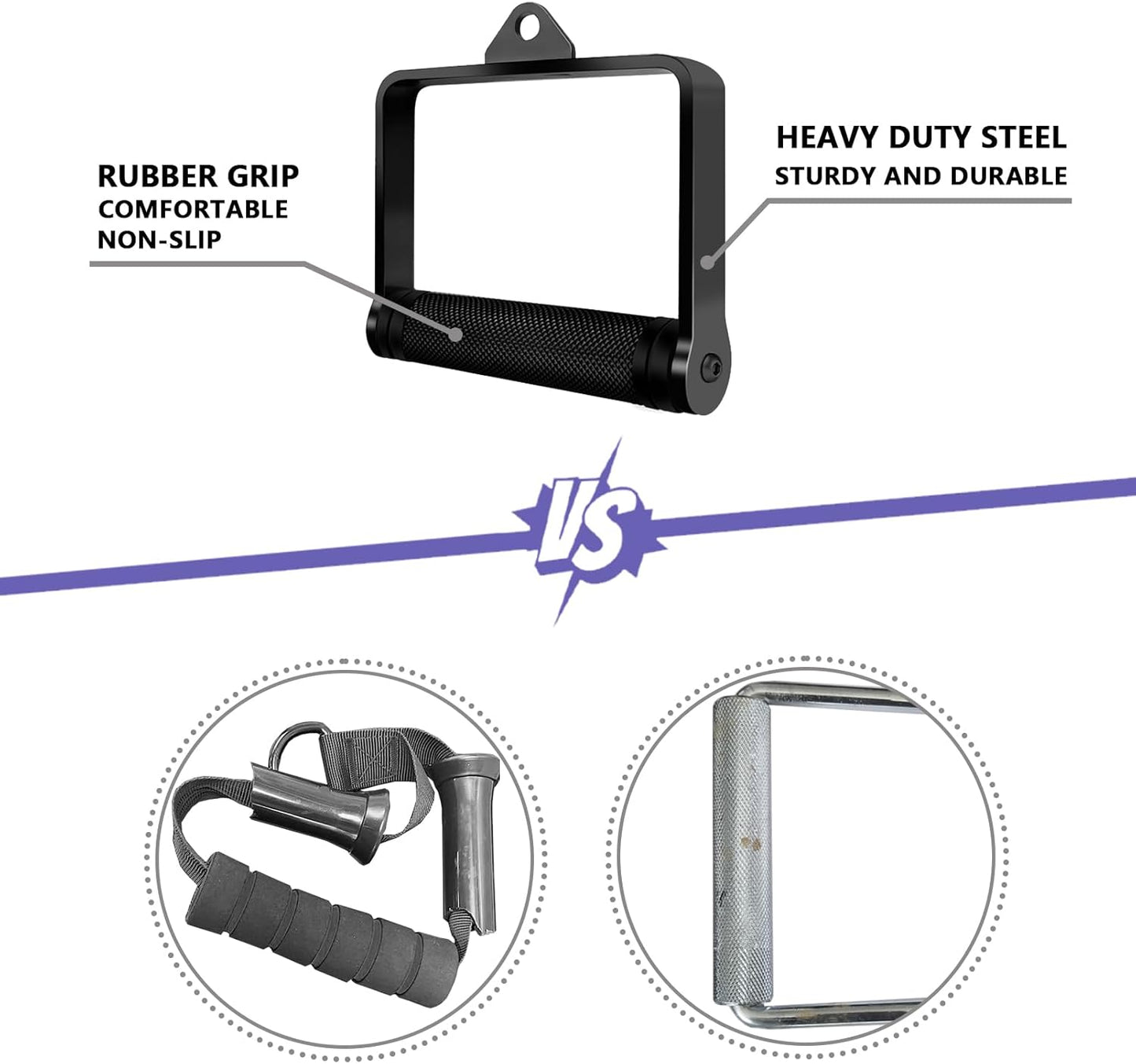 Skiennix D Handle Cable Attachment - Heavy Duty Steel with Non-Slip Rubber Grip | Black