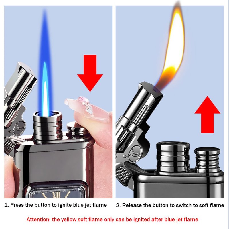 Windproof Lighter, Vintage Lighter with Watch, Jet Torch/Soft Flame Switchable Lighters, Cool Lighters with Adjustable Flame Dial, Butane Refillable for Men/Husband (Fuel Not Included)