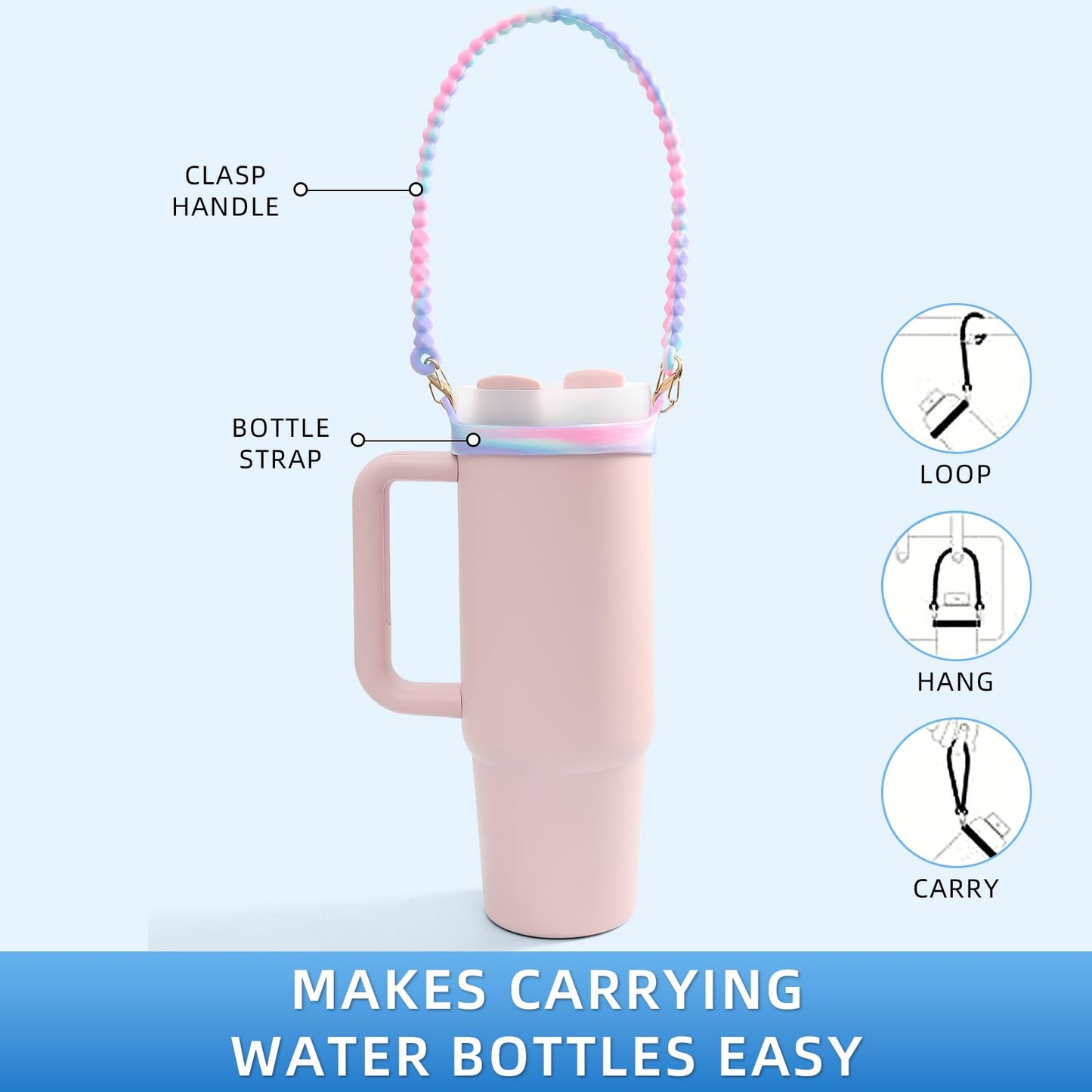 Lconvicely 2Pack Water Bottle Handle - Soft Silicone Water Bottle Holder, Sling, Lanyard Fits Most 8-40oz Water Bottles, Water Bottle Strap Compatible Stanley Cup, Pink+Carnation
