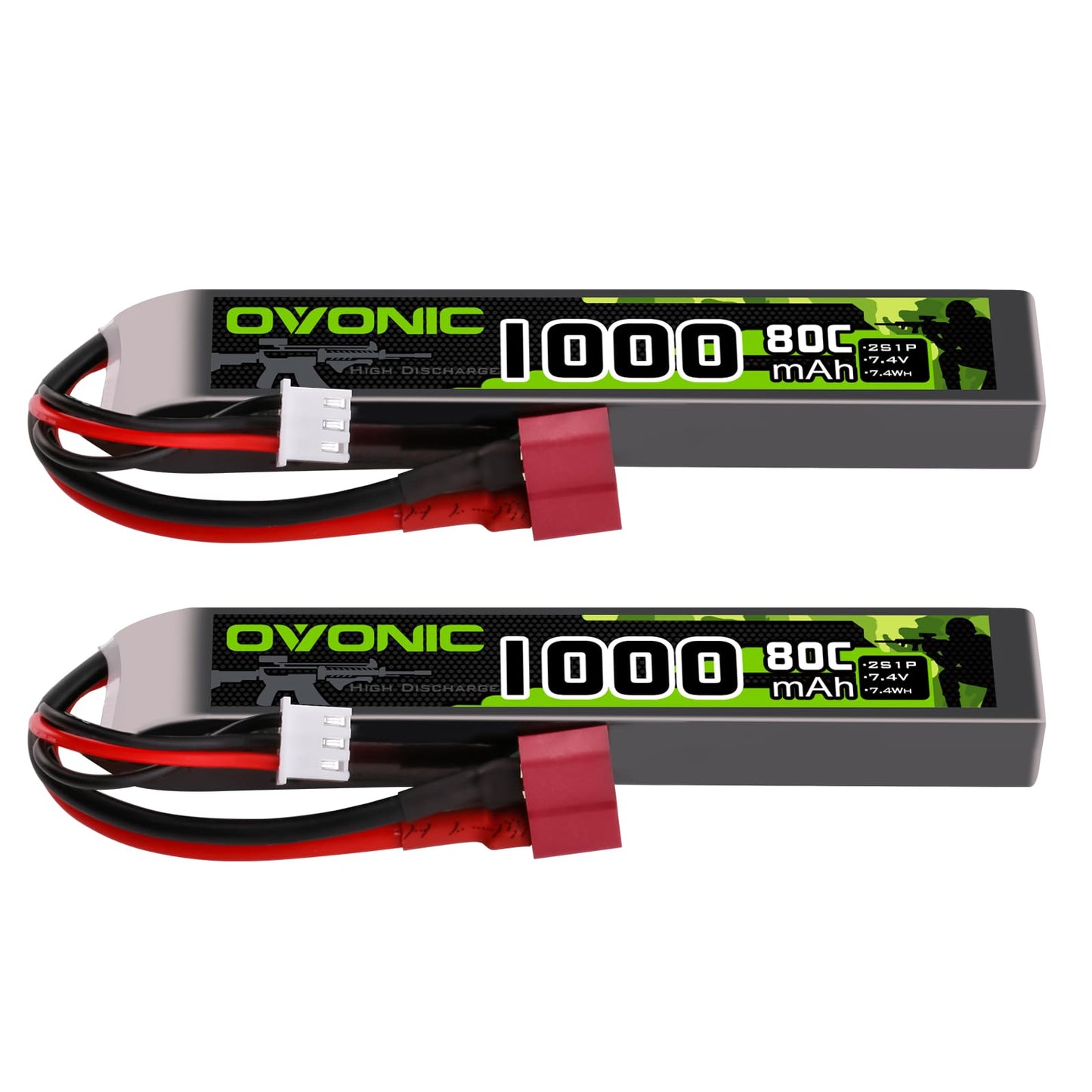 OVONIC 2s Lipo Battery 7.4V 1000mAh 80C with Dean-Style T Plug Lipo Battery for Airsoft Guns(2PCS)