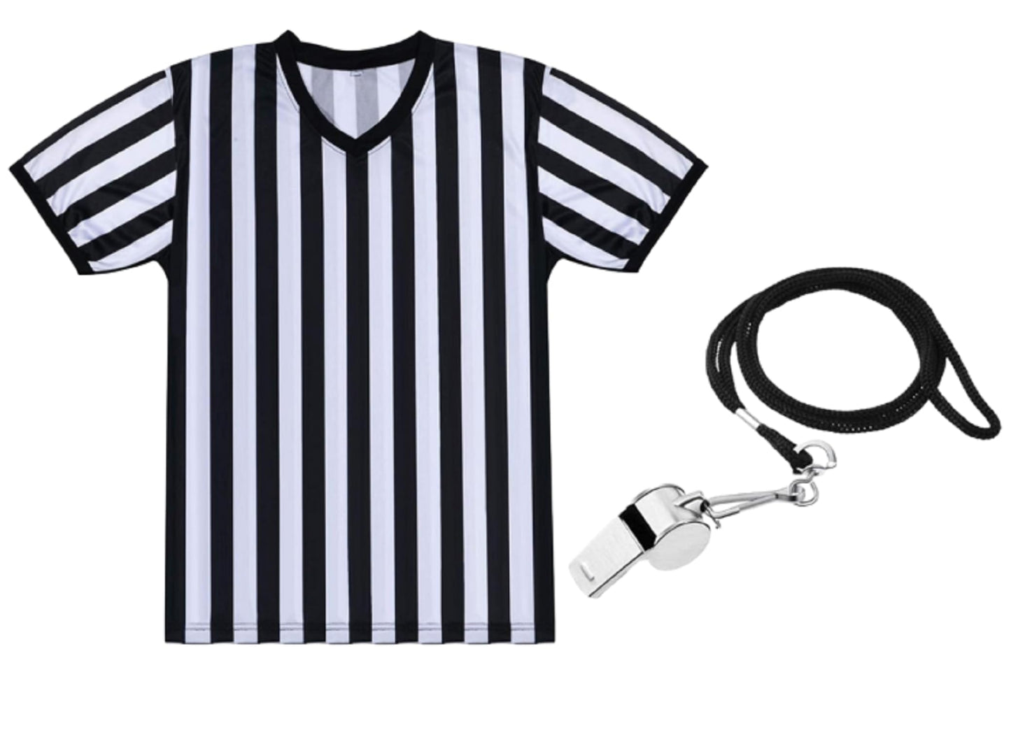 SATINIOR Referee Shirt Official Uniform Black and White Stripe V-Neck Soccer Jersey for Women Men Referee Shirt and Stainless Steel Whistle with Lanyard for Halloween Basketball Football Soccer(XXXL)