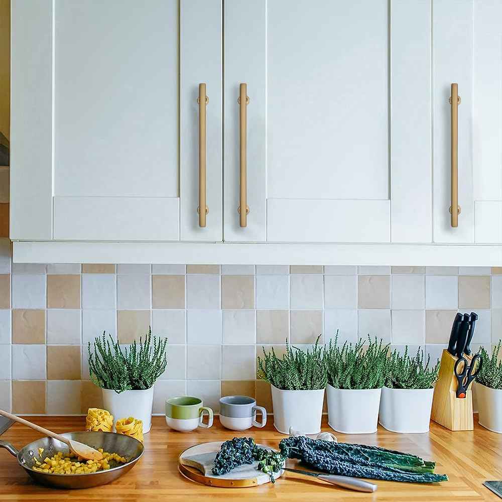 CABDM 8 inch (203mm) 10 Pack Brushed Brass Cabinet pulls Solid Heavy-Duty Handles Hardware for Kitchen Badroom Drawer Square Pulls Cupboard Cabinets