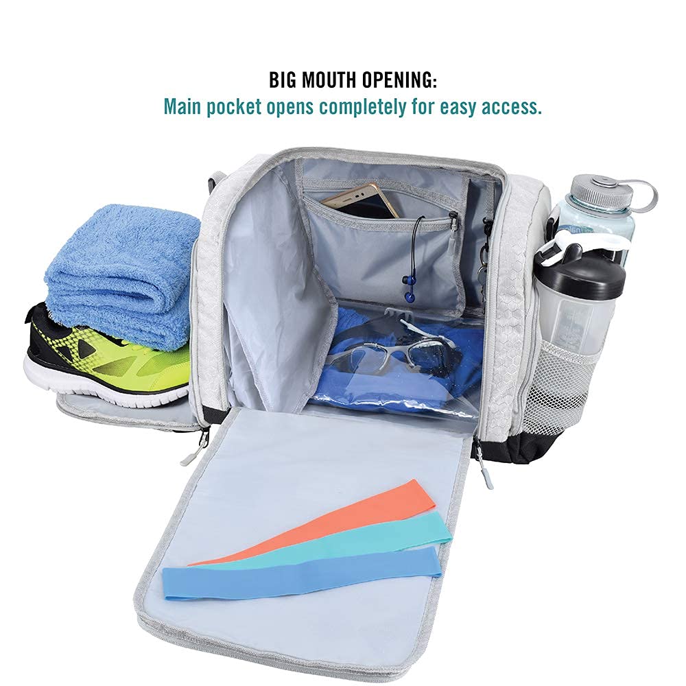 Ultimate Gym Bag 2.0: The Durable Crowdsource Designed Duffel Bag with 10 Optimal Compartments Including Water Resistant Pouch, Silver, Medium (20")