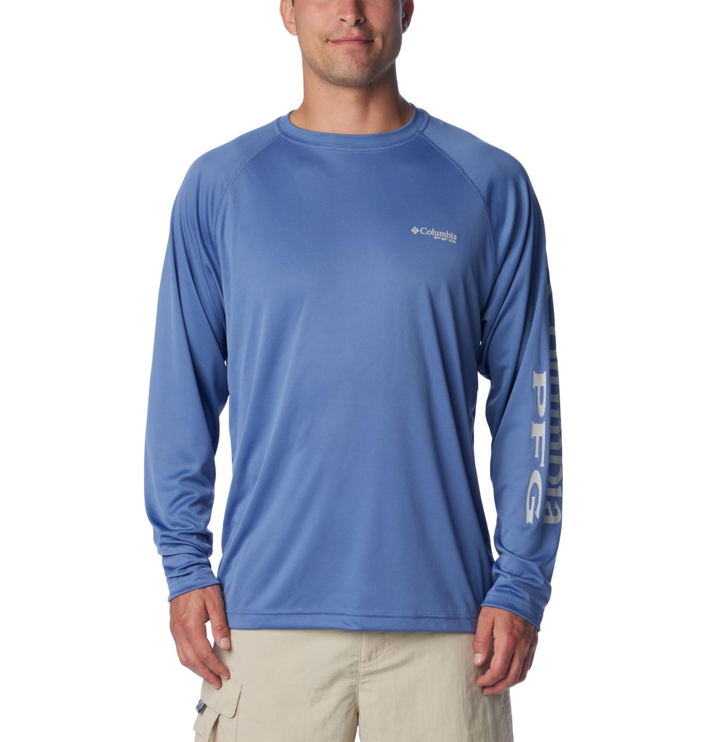 Columbia Men's Terminal Tackle Long Sleeve Shirt, Bluebell/Cool Grey Logo, X-Large