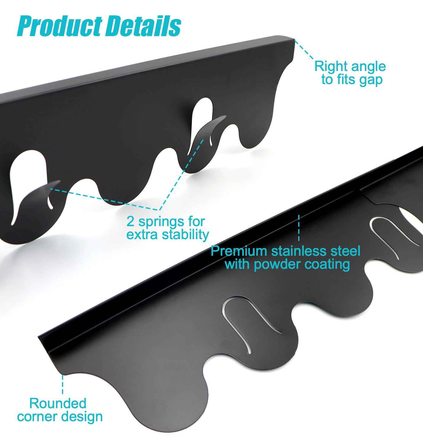 2 Pack Stainless Steel Stove Gap Covers,Stove Gap Filler, Stove Gap Guards, Range Trim Kit, Heat Resistant with Easy Clean, Adjustable Length 13.8” to 27.5”, Width 0.8" (Black)