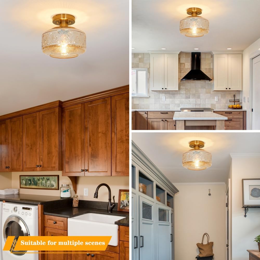 Vintage Semi Flush Mount Ceiling Light Fixture - Brass & Thickened Glass for Hallway, Entryway, Bedroom, Bathroom