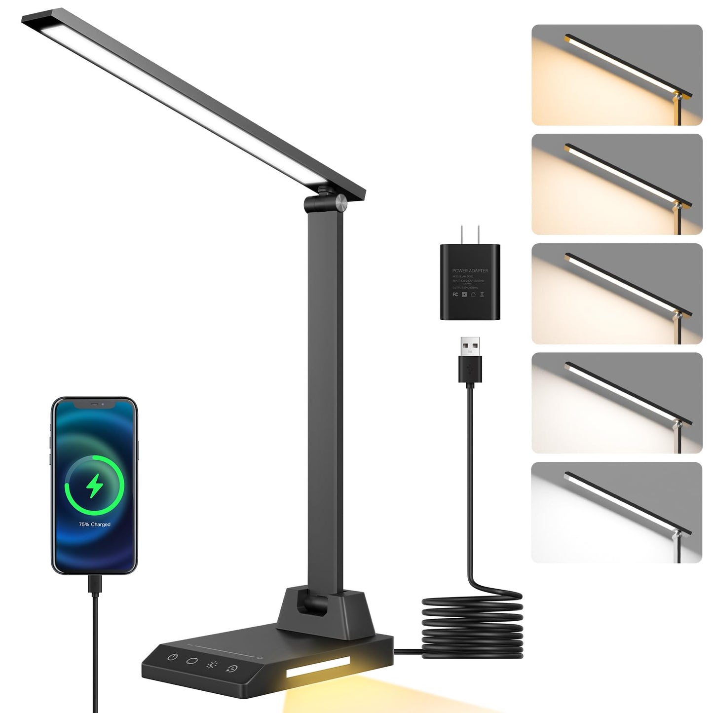 ShineTech LED Desk Lamp for Home Office, Dimmable Desk Light with USB C Charging, 25 Modes Brightness and Colors, Eye Caring Foldable Reading Light, Table Lamp for Study Nightstand