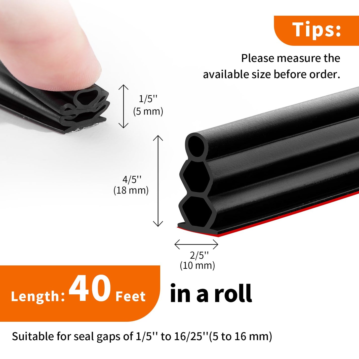 SILIENTWERK 40 Feet Self-Adhesive Rubber Weather Stripping Fits Big Gaps, Extra Thick Rubber Door Weather Stripping Door Seal Strip for Door Frame Door Insulation Strip Waterproof(Black)