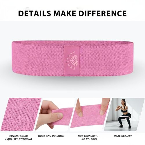 AuraLune Fabric Resistance Bands Set, 3 Colors with Carry Bag, Non-Slip Workout Bands for Legs and Glutes- Different streght Levels. (Pink)
