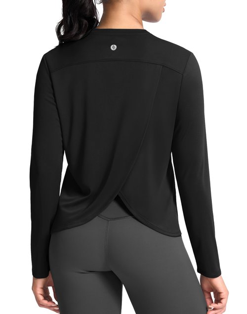 SANTINY Women's Lightweight Long Sleeve Workout Tops Split Back Gym Running Hiking Athletic Shirt Quick Dry UPF 50+ Sun Shirt (Black_L)