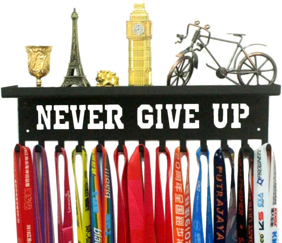 Never Give Up Medal Hanger | Trophy Display Shelf with Hooks - Easy Install Wall Rack (Black)