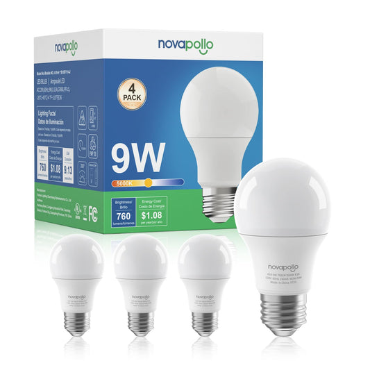 novapollo A19 LED Light Bulbs,60 Watt Equivalent LED Bulbs,Daylight White 5000K LED Lights for Bedroom,760LM Non-Dimmable,9W E26 LED Lights,4-Pack