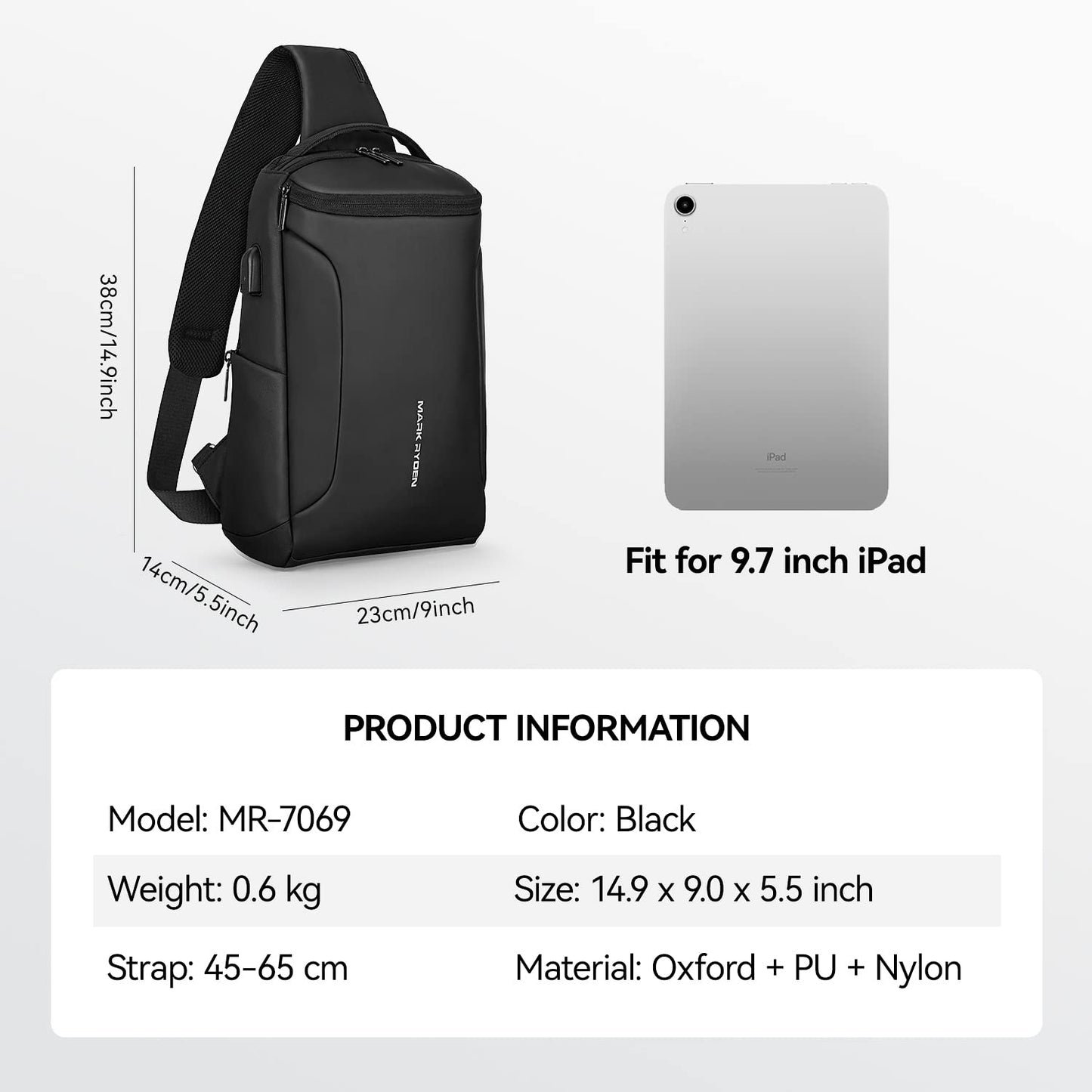 MARK RYDEN Sling Backpack Men, Waterproof Shoulder Bag with USB Charging Port and Adjustable Strap, Holds 9.7 Inch ipad, Sling Bag for Traveling, Sporting, Cycling, Daily